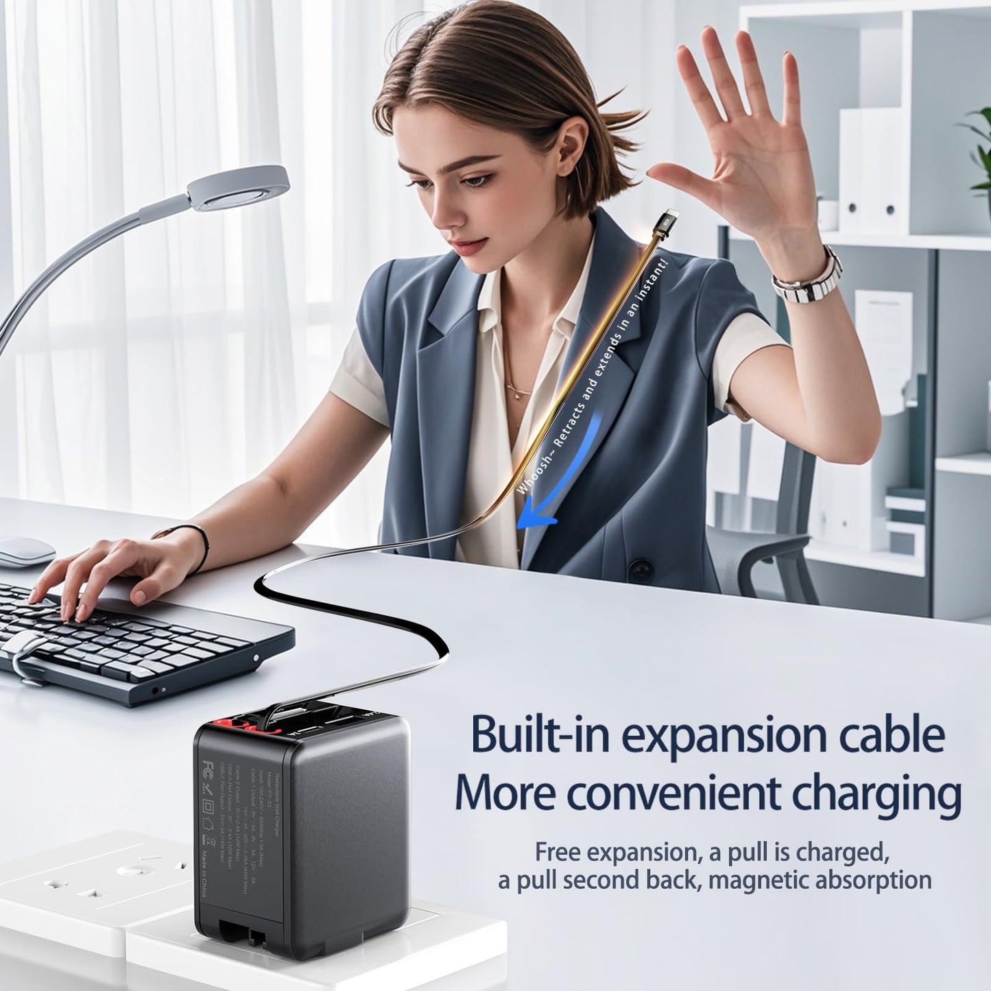 4-in-1 Retractable wall Charger with PD Fast Charging, Featuring Dual USB Ports, Lightning and Type-C Data Cables, a Foldable Four-Port Plug, and a