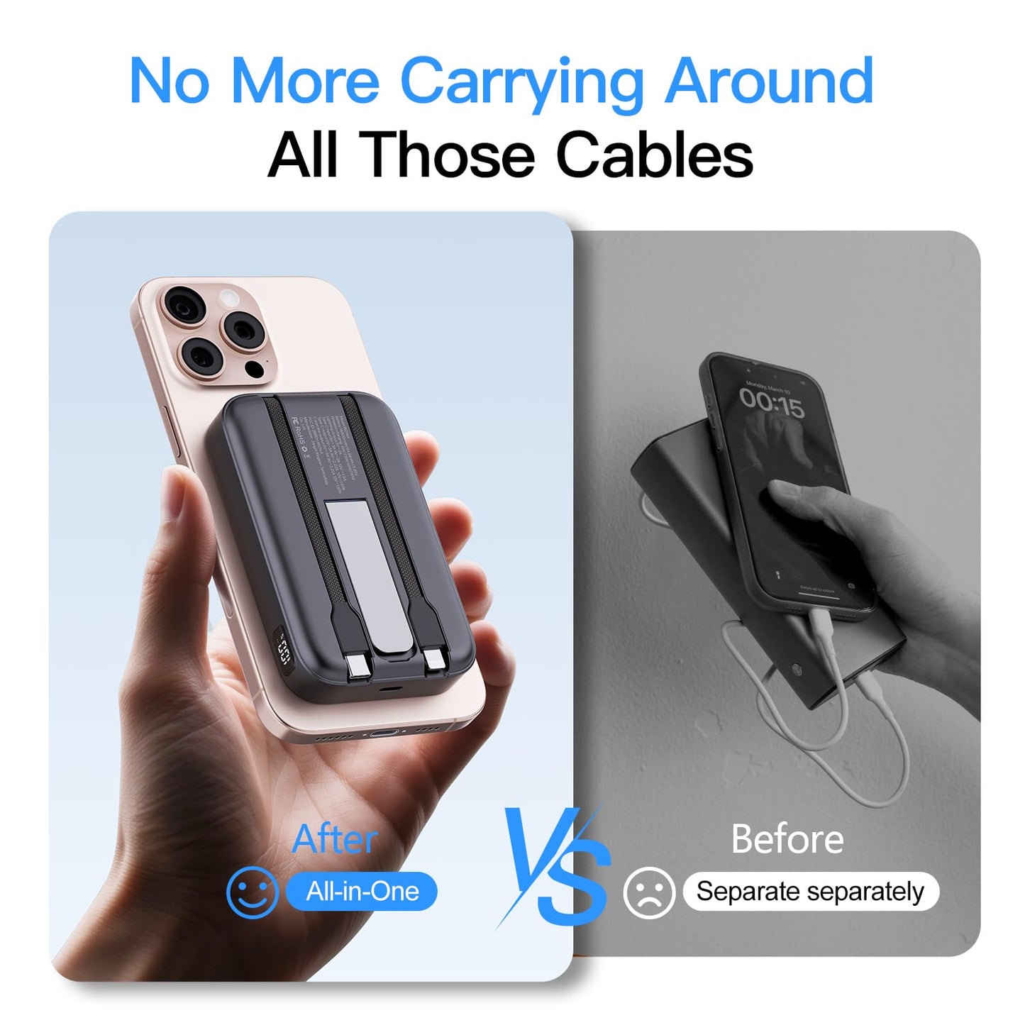 VTIAEK 2026 Latest Portable Charger, 16800mAh Magnetic Wireless Power Bank with 2 Built in Cables, LED Display Battery Pack Travel Essentials
