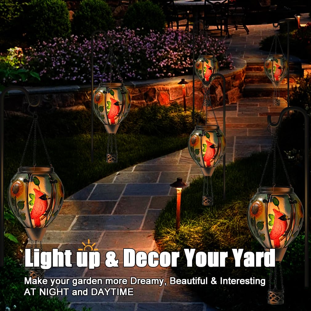 Hot Air Balloon Solar Lantern - Cardinal Bird Glass Lantern, Simulated Flickering & Dancing Flame, Outdoor Hanging Yard Light Waterproof IP65