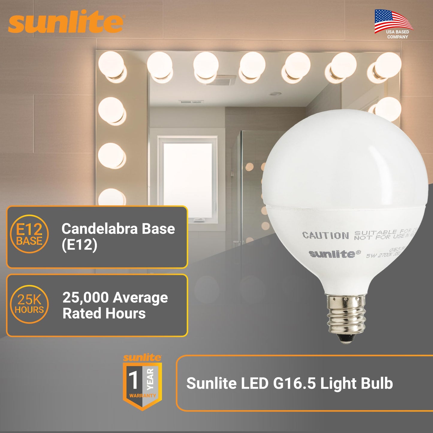 Sunlite LED G16.5 Light Bulb, 5 Watts (40W Equivalent), 350 Lumens, 90 CRI, Candelabra Base (E12), Frost, Dimmable, Title-20 Compliant, ETL Listed