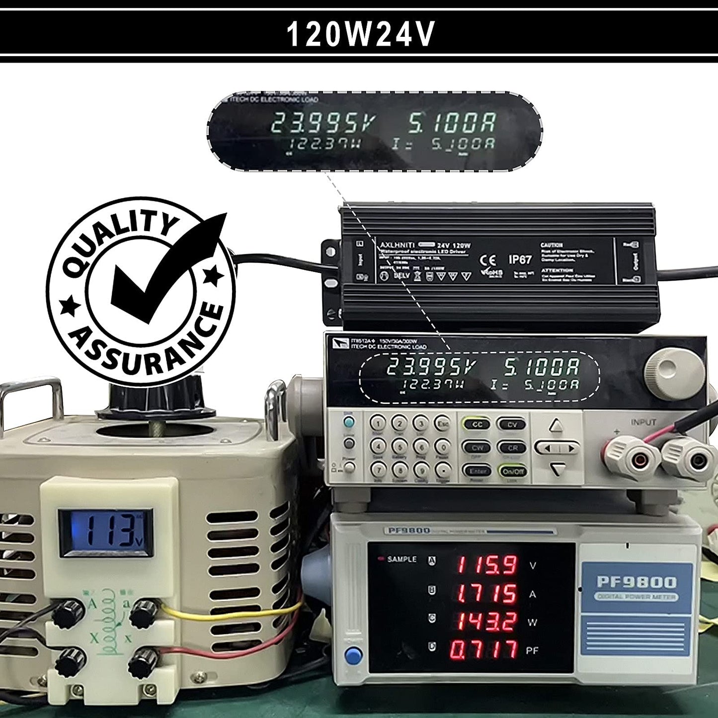 LED Power Supply - 120W IP67 Waterproof, 24V DC for LED Strip Lights, 100V-265V AC Input, 3-Prong Plug with 3.3 Feet Cable