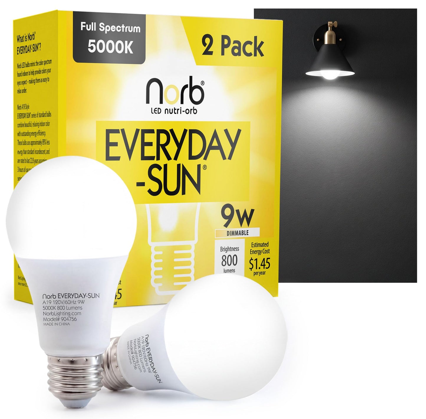Norb Everyday Sun Light Bulbs | Full Spectrum Light Bulb LED 5000K Daylight | High CRI 97 Natural Color | Dimmable 800 Lumens A19 E26 for Energy, Mood
