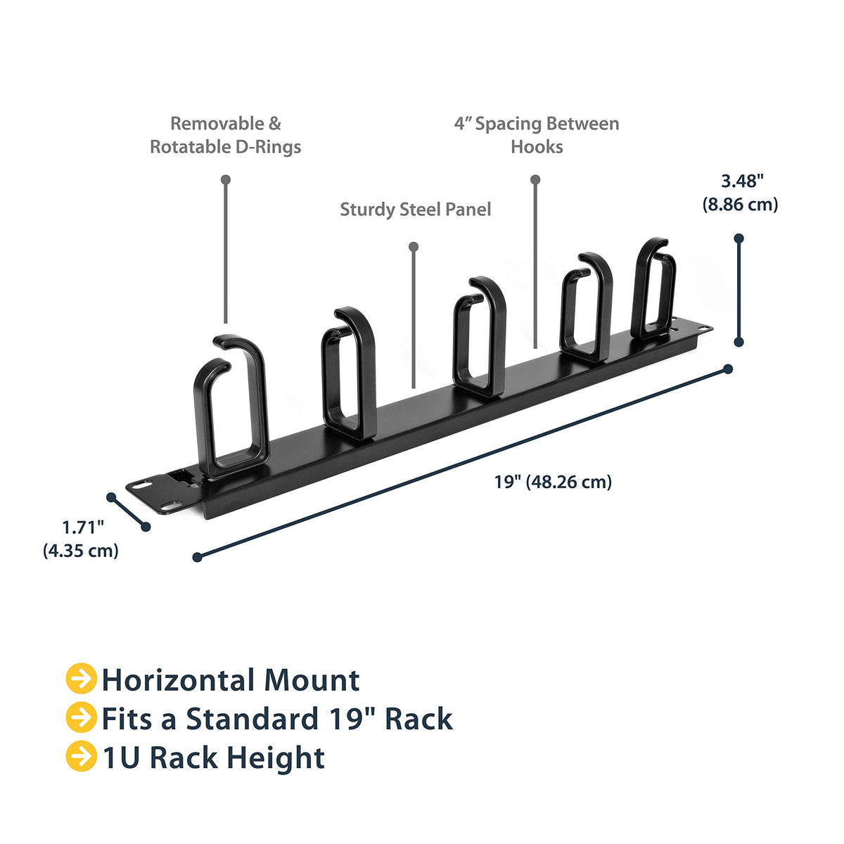 StarTech 1U 19in Rack Cable Management Panel, D-Ring, Metal (CABLMANAGER2)