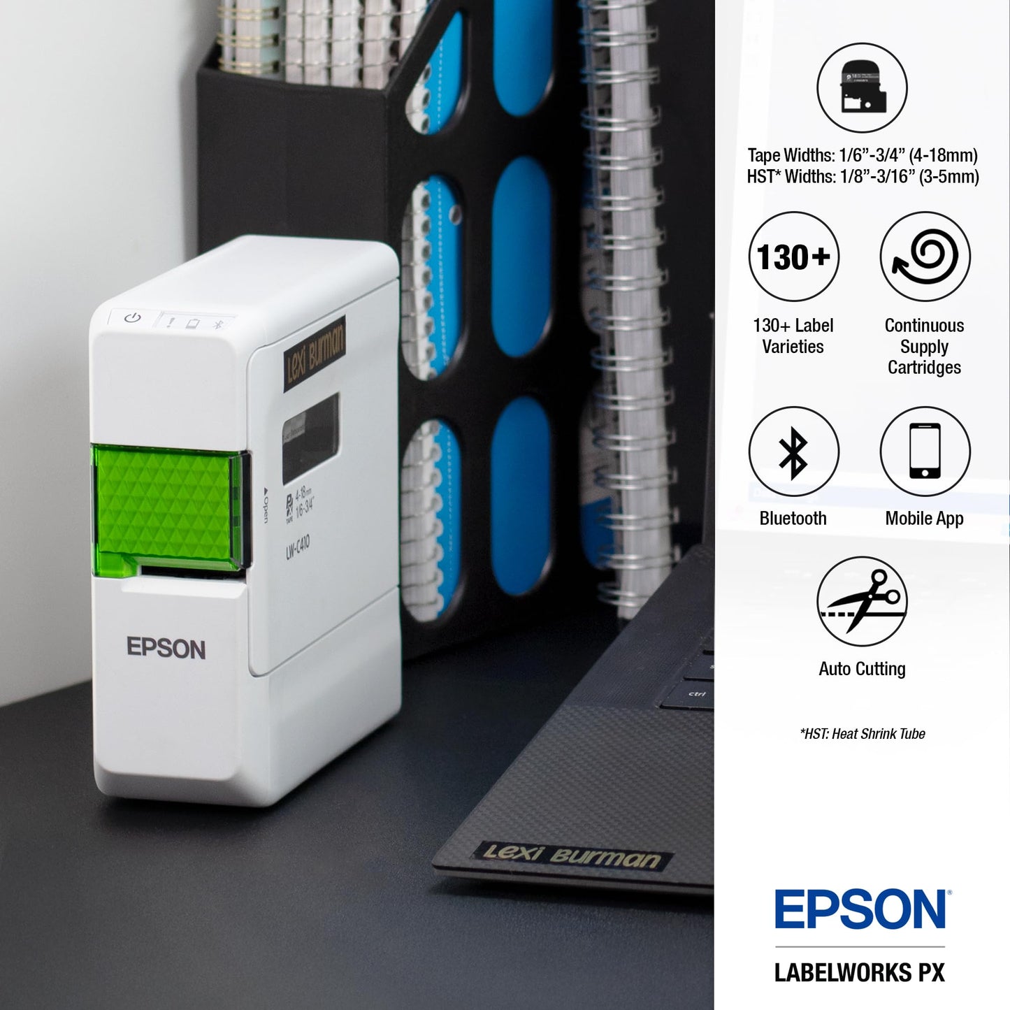 LABELWORKS Epson LW-C410PX Portable Bluetooth Label Machine Printer for Home and Office - Efficient, Create Sticker Labels for Crafts