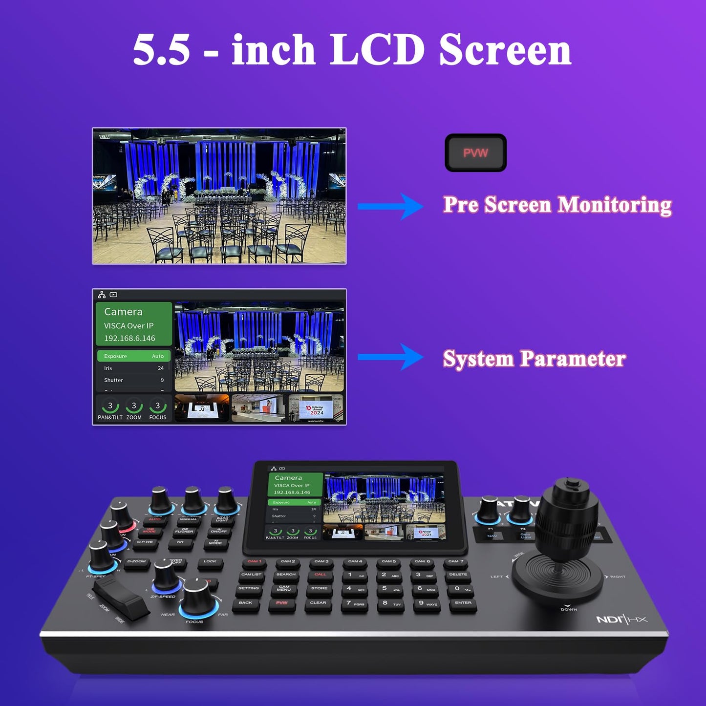 KATOVJJTS PTZ Camera Controller with 5.5" LCD Screen Preview, 4K UHD Input/Output Supported, 4D Joystick IP NDI Camera Controller for Worship Church