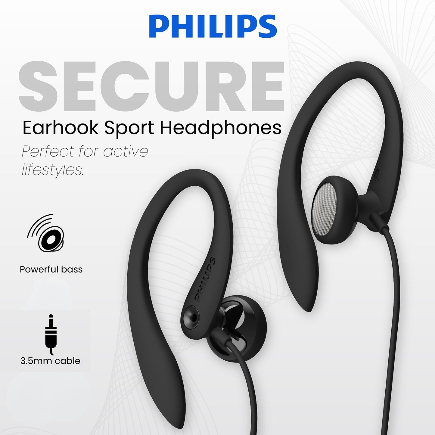 Philips SHS3200BK Flexible Earhook Headphones, Black