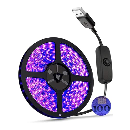 UV Light Strip USB UV Black Light Strip DC5V 390nm-400nm 6.56FT/2M SMD 3528 120LEDs IP65 Waterproof Super Bright LED Strip Lights, for Fluorescent