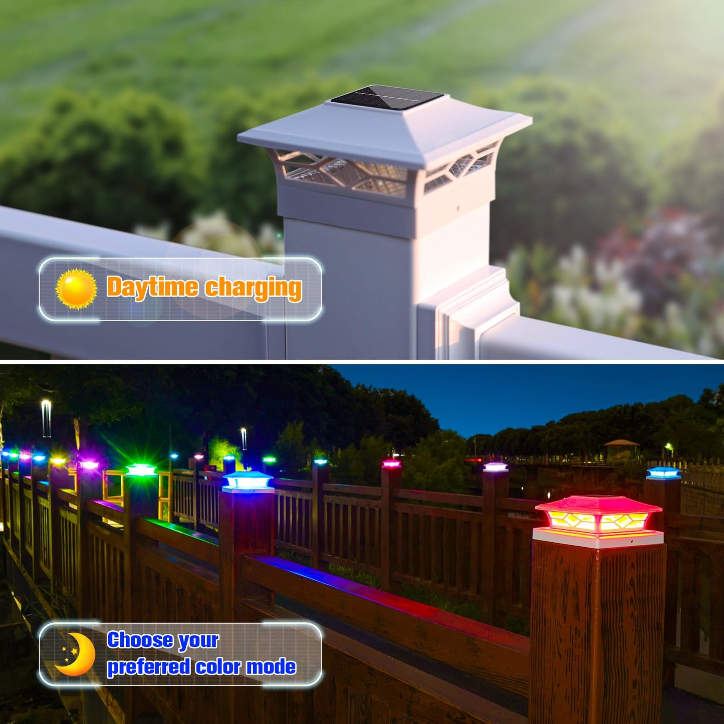 VOLISUN Solar Post Cap Light Outdoor Waterproof: RGB Color Changing - Solar Fence Cap Flashing Lights 4Pack White for 4x4 5x5 6x6 Wooden Vinyl Post