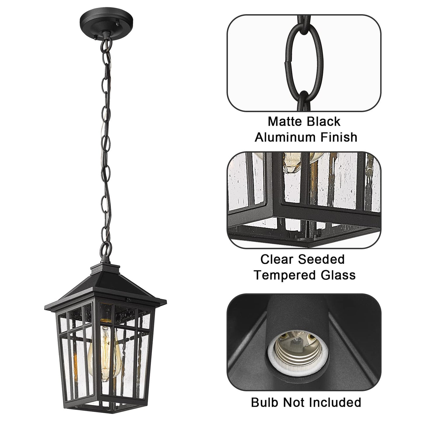 Darkaway Outdoor Pendant Light Fixture, Outdoor Hanging Light Porch Lights Fixtures Anti-Rust Waterproof Aluminum with Seeded Glass for Porch Entryway