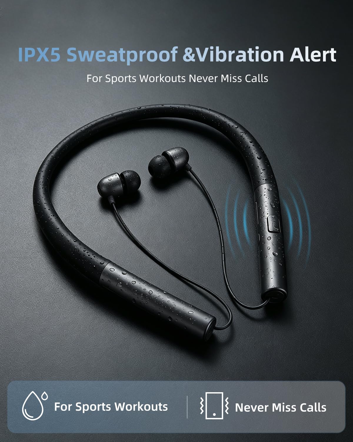 PIIWIAU Neckband Bluetooth Headphones, Retractable Headphones Bluetooth 5.3 with IPX5 Sweatproof & Vibration Alert, Stereo Noise Cancelling for Music