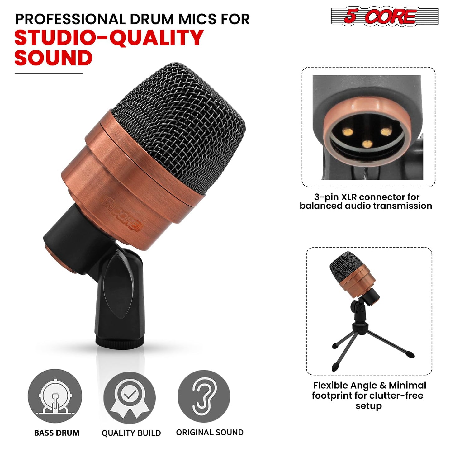 5 CORE Tom Microphone Copper Finish XLR Wired Uni Directional Snare Drum and Other Musical Instrument Mic w Swivel-Mount Steel Mesh Grille Tripod