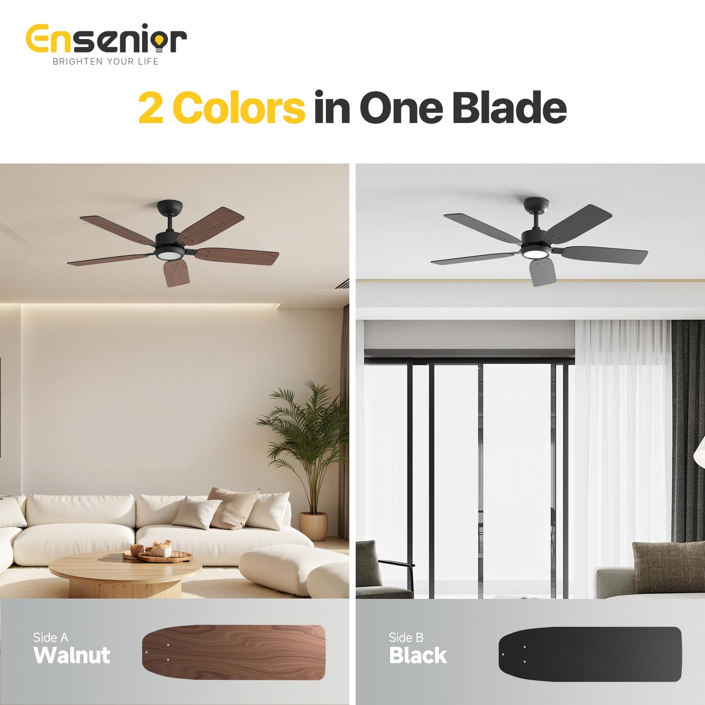 Ensenior 52 Inch Downrod Mount Ceiling Fans with Lights and Remote, 5-Blade