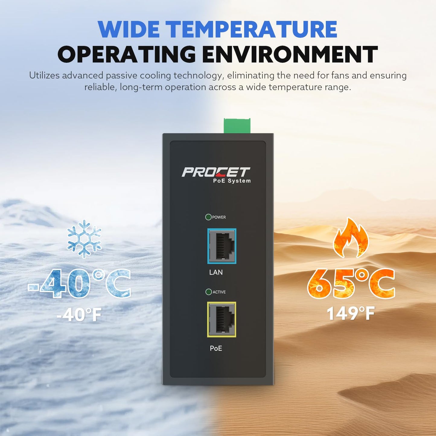 PROCET 10 Gbps Gigabit PoE++ Injector Din Rail, 60W Industrial Adapter with Wide Temp -40°F to 149°F, 6KV Surge Protection, AC/DC Input