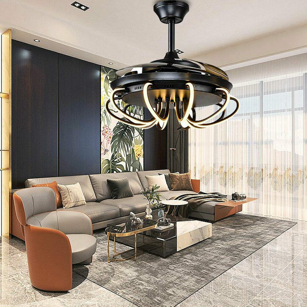 YIYIBYUS 42 Inch Ceiling Fan Light LED Chandelier 3 Colors Lamp Retractable with Controller Control,Chandelier Fan for Indoor Kitchen Bathroom Dining