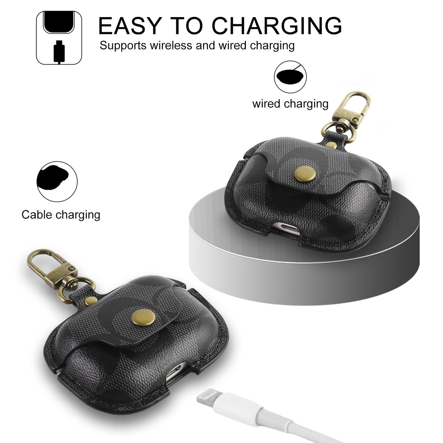 Leather Case for AirPods Pro 3, Shockproof Cover with Keychain, Black