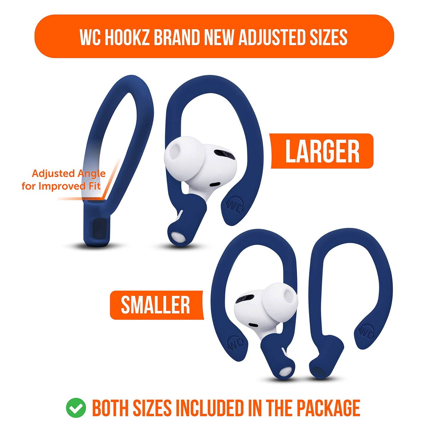 WC HookZ - Patented Upgraded Over Ear Hooks for AirPods Pro 1, 2 & AirPods 1, 2 & 3- Two Size Pairs Included in Package, Unique Left & Right Hook