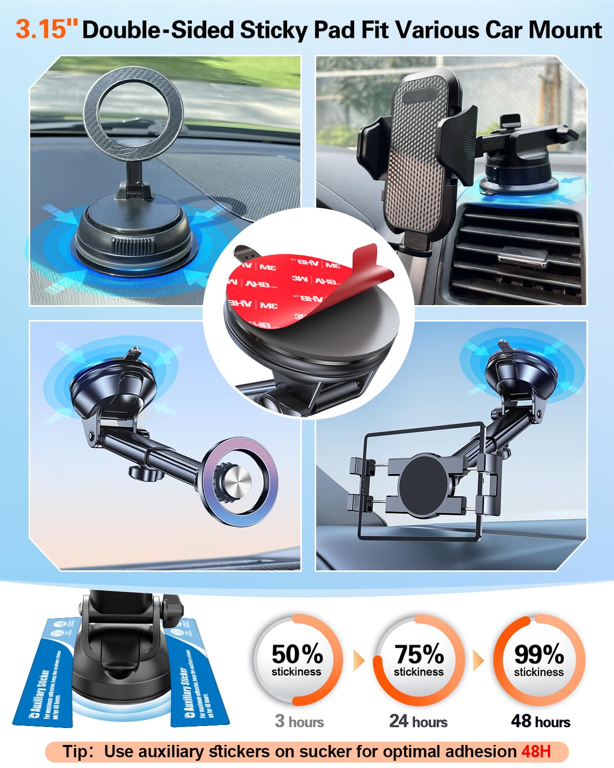 Sticky Adhesive Pad for Suction Cup: 6Pcs 3.15" Heat Resistant Double Sided Tape Replacement for Dashboard Car Mount, 80mm Round Sticker for Dash