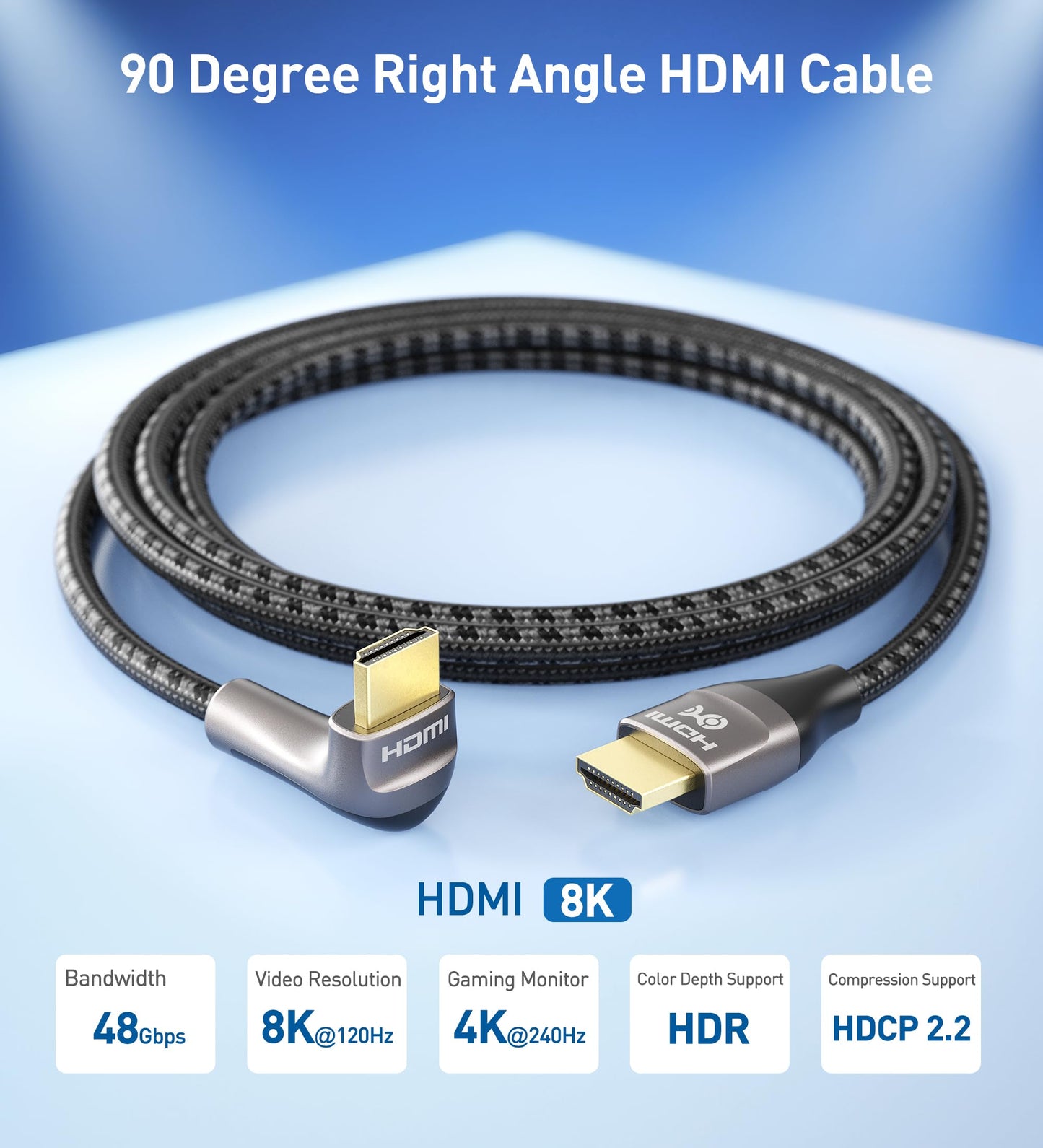 Cable Matters 48Gbps Ultra HD 8K Right Angle HDMI Cable 6.6 ft (90 Degree HDMI Cable) with 8K@60Hz, 4K@240Hz and HDR Support in Black