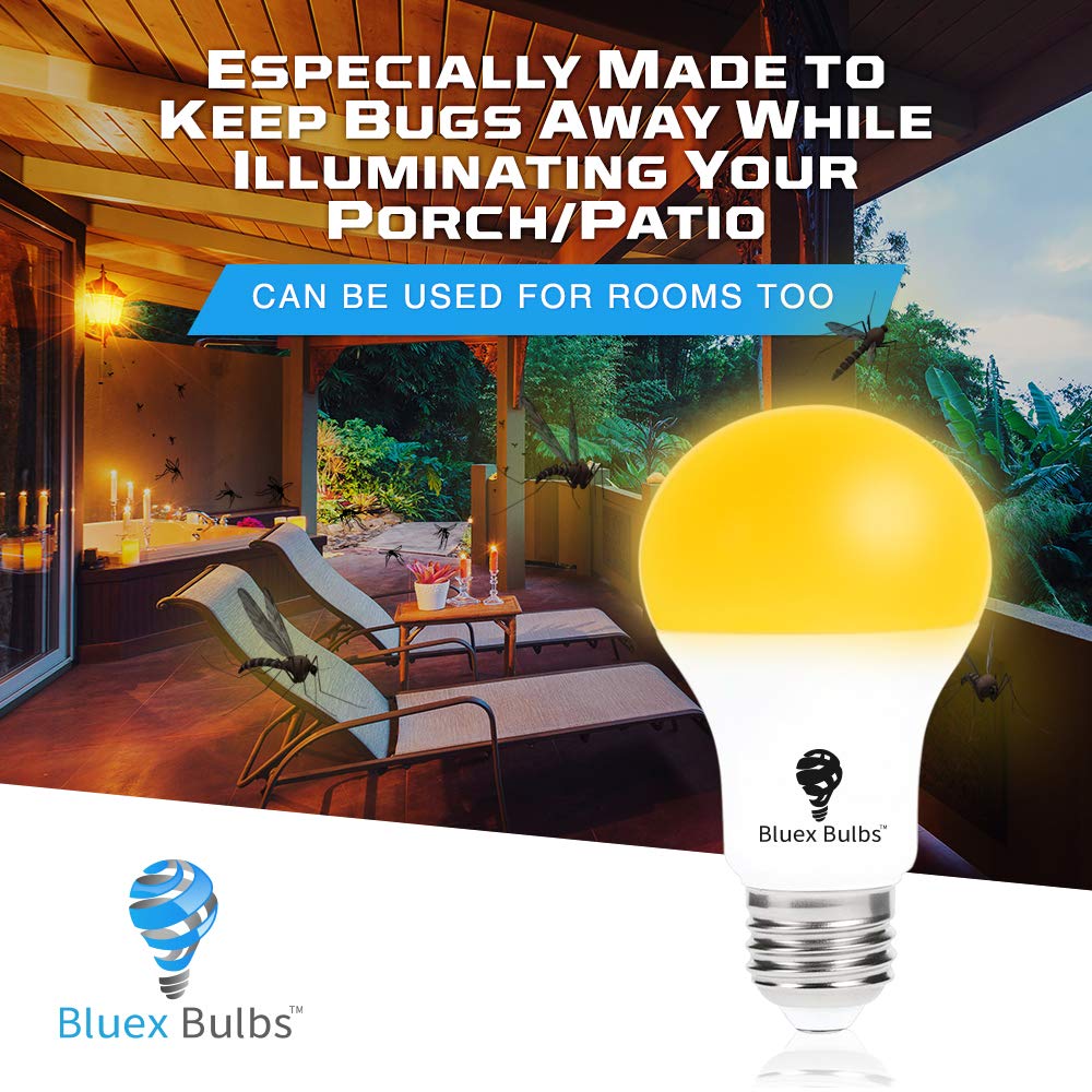 2 Pack LED Dusk to Dawn A19 Bug Light Bulbs, Yellow Amber Light With Automatic Sensor, Porch Lights Security, Auto On/Off, 2000K E26, 500 Lumens