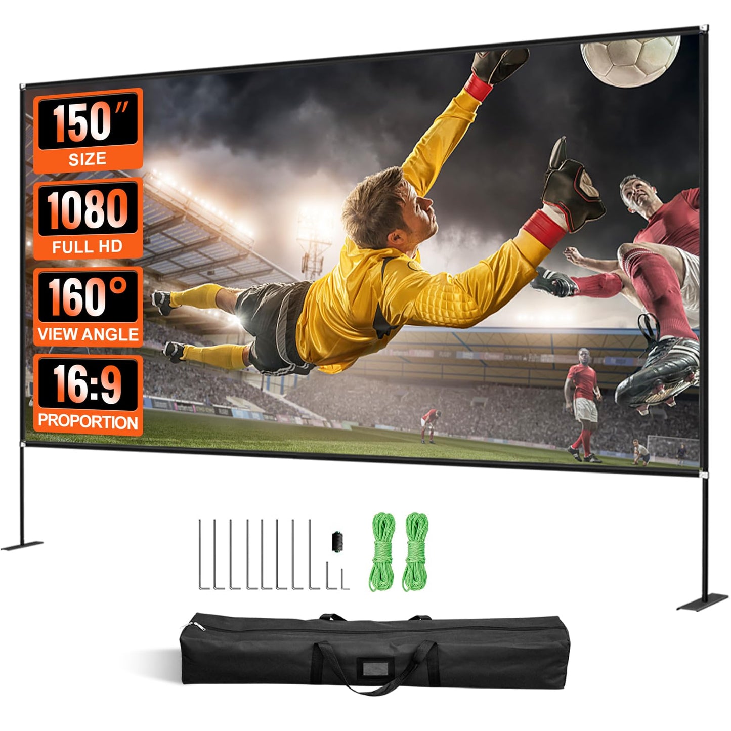 VEVOR Outdoor Movie Screen w/Stand, 150" Portable Movie Screen, 16:9 HD Wide Angle Outdoor Projector Screen, Front & Rear Projection, w/Storage Bag