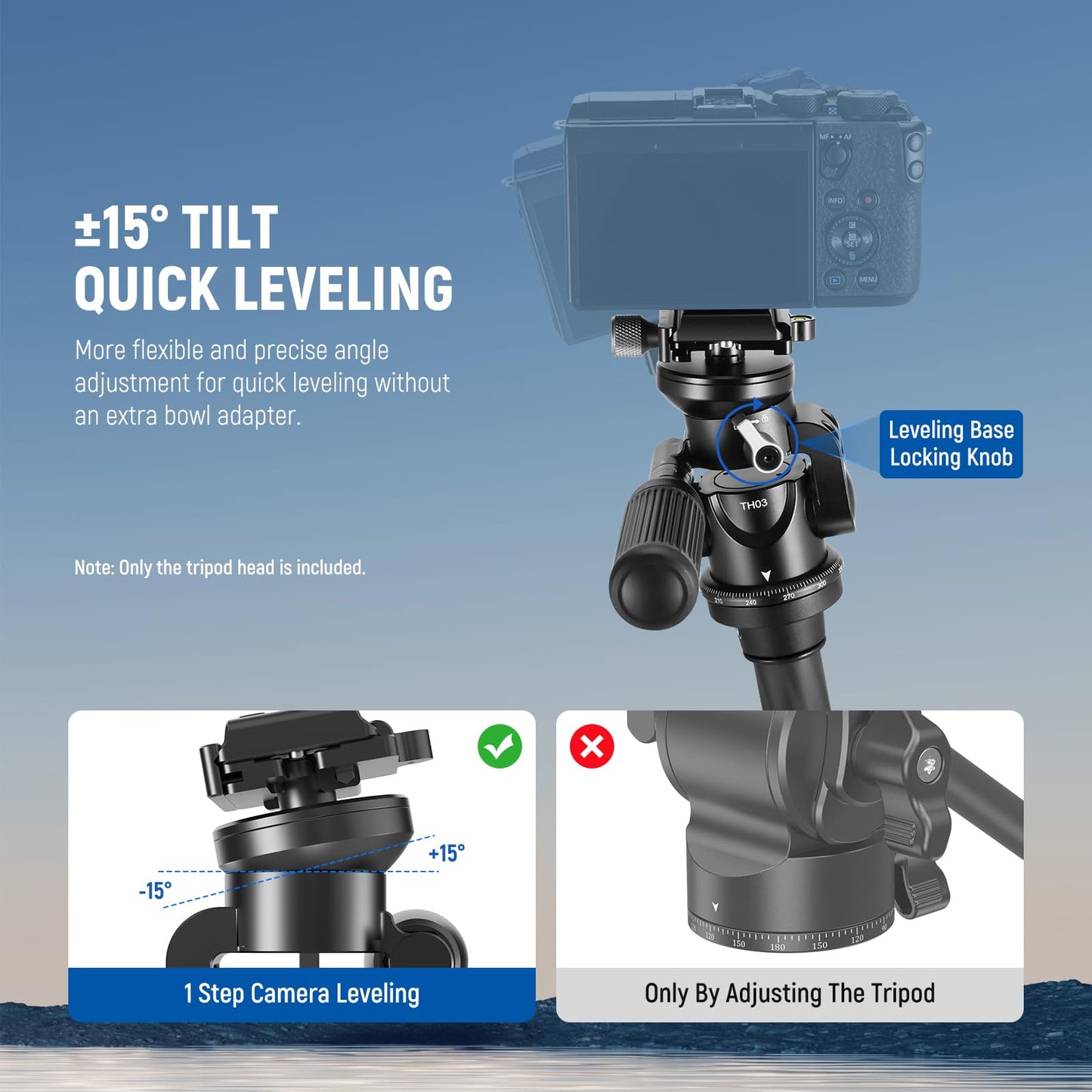 NEEWER Video Camera Tripod Pan Tilt Head with +/-15° Leveling Bowl Base, Photography Tripod Head with Retractable Handle, 1/4" Arca Type QR Plate