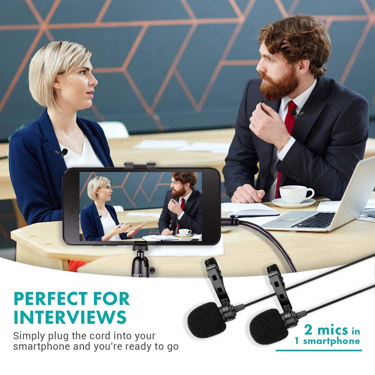 Movo Professional Lavalier Lapel Clip-on Interview Podcast Microphone with Secondary Mic and Headphone Monitoring Input for iPhone, iPad, Samsung