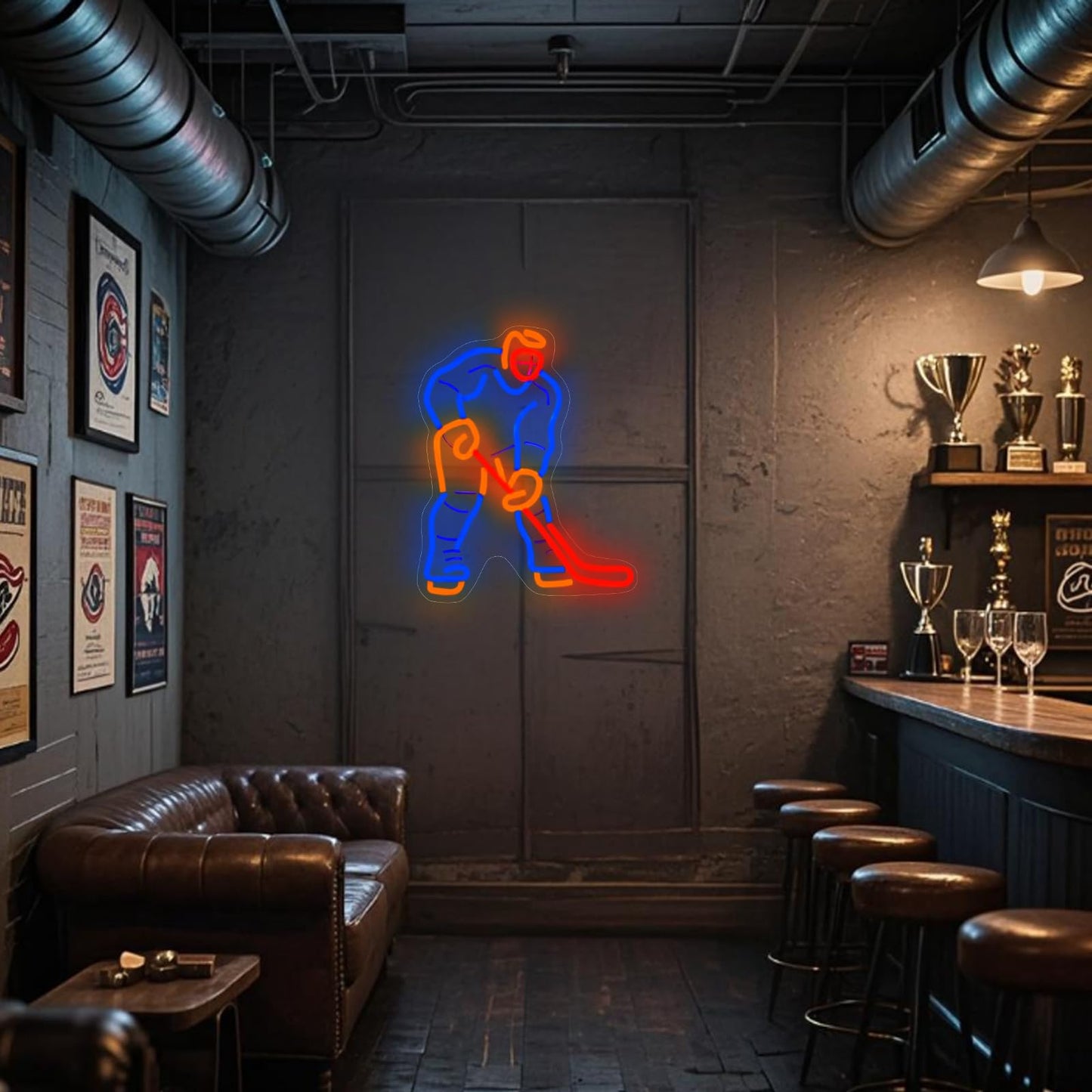 Hockey Player Neon Sign in Blue & Gold - Dimmable LED Wall Decor for Man Cave, Sports Bar & Locker Room | The Ultimate Gift for Hockey Men, Dad