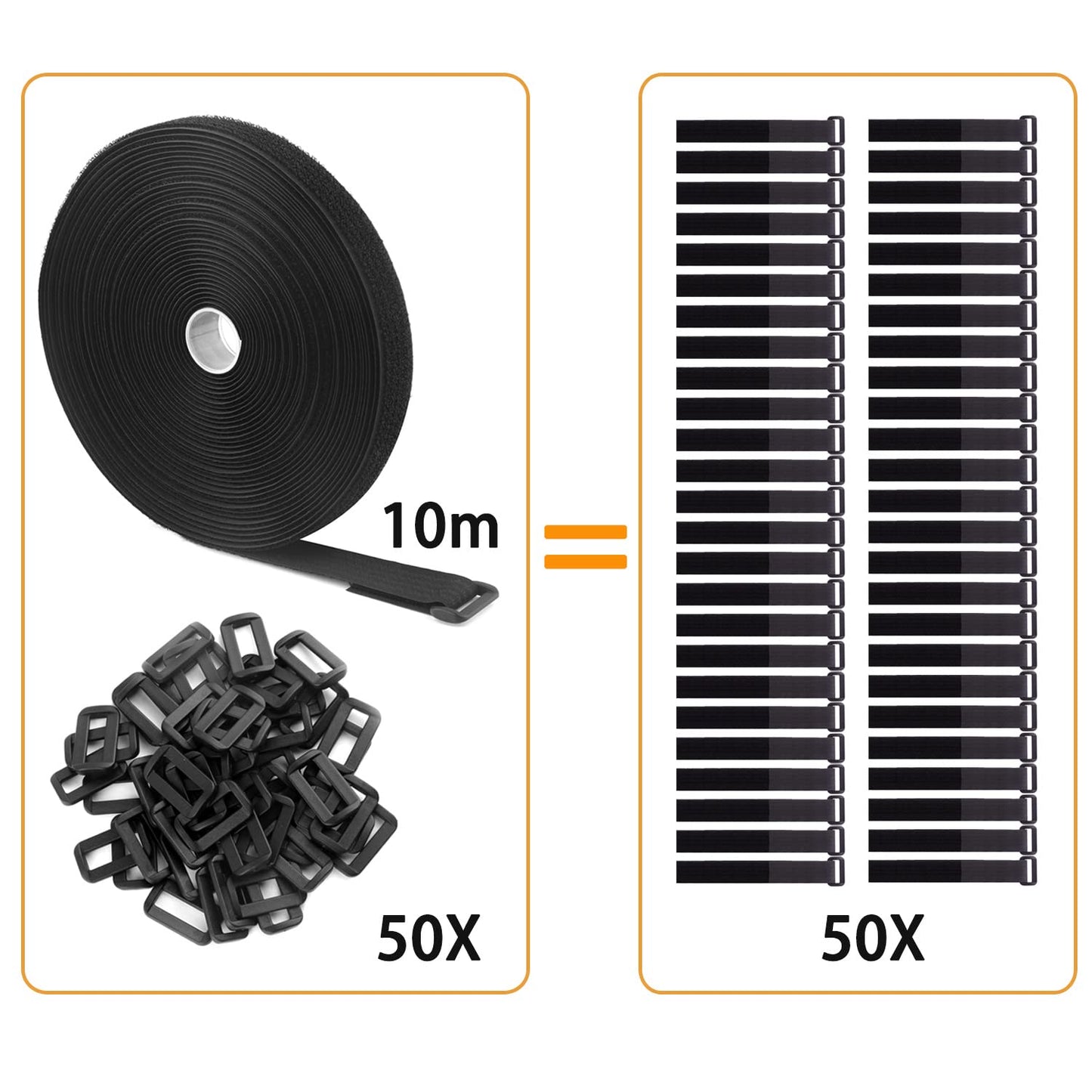 WSZJINB 32Ft x 0.8In Adjustable Cable Straps with 50 Buckles, Free Cut Length, Black Reusable Fastening Cable Ties, Hook and Loop Securing Strap