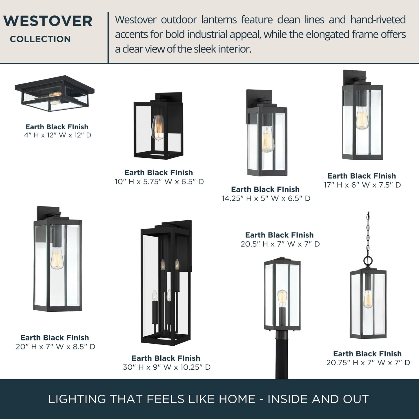 Quoizel Westover 17" Outdoor Wall Sconce, 1-Light Earth Black with Clear Beveled Glass, E26 Base, Wet Rated