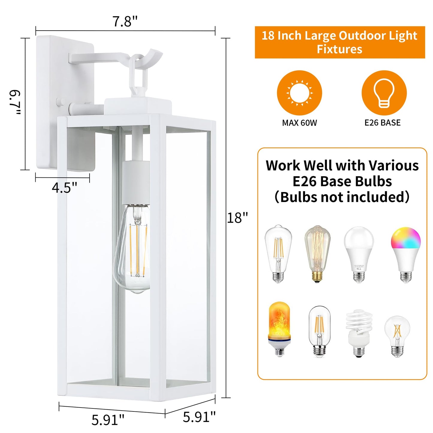 GRUENLICH Outdoor Wall Light Fixtures, 18 Inch White Exterior Waterproof Porch Sconce Lighting with E26 Socket & Tempered Glass, Double Extra Large