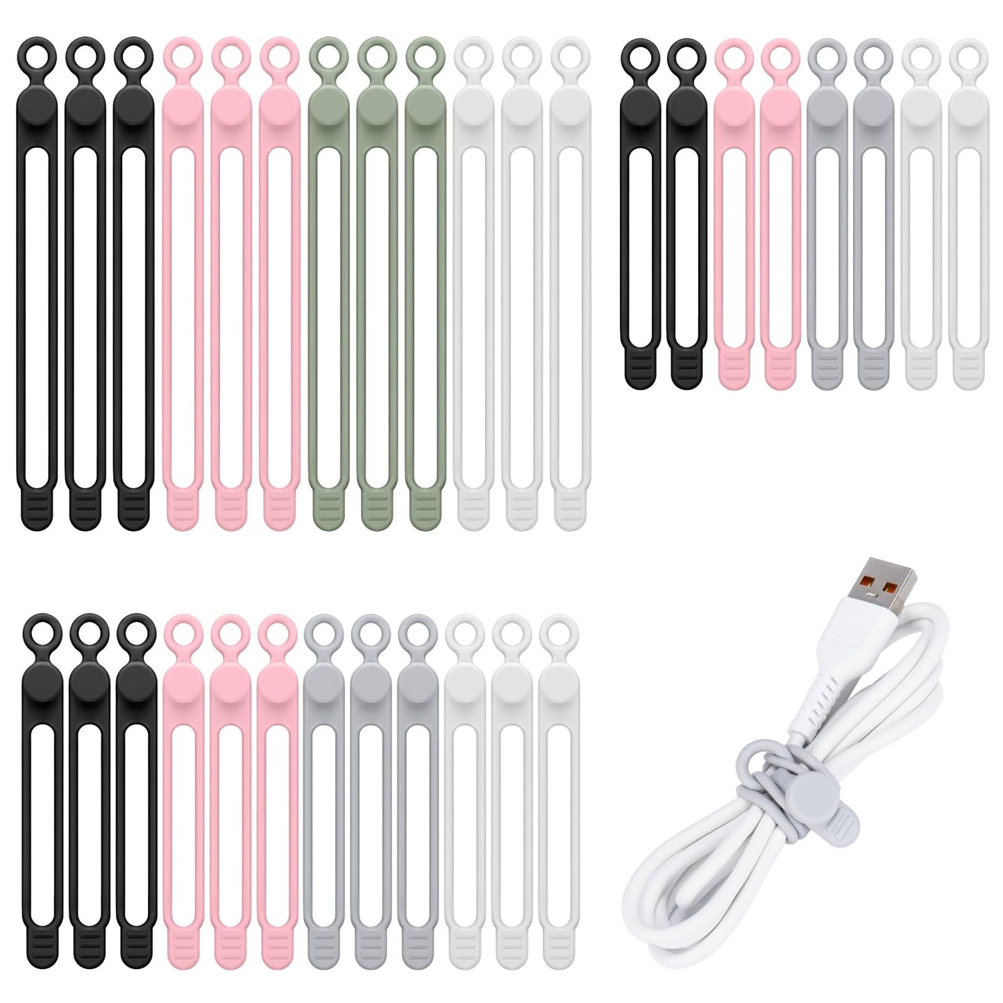 32Pcs Silicone Cable Ties, Data Cable Organizer Silicone Cable Straps Cord Ties Wrap Reusable Wire Organizers Elastic Cables Cord Management