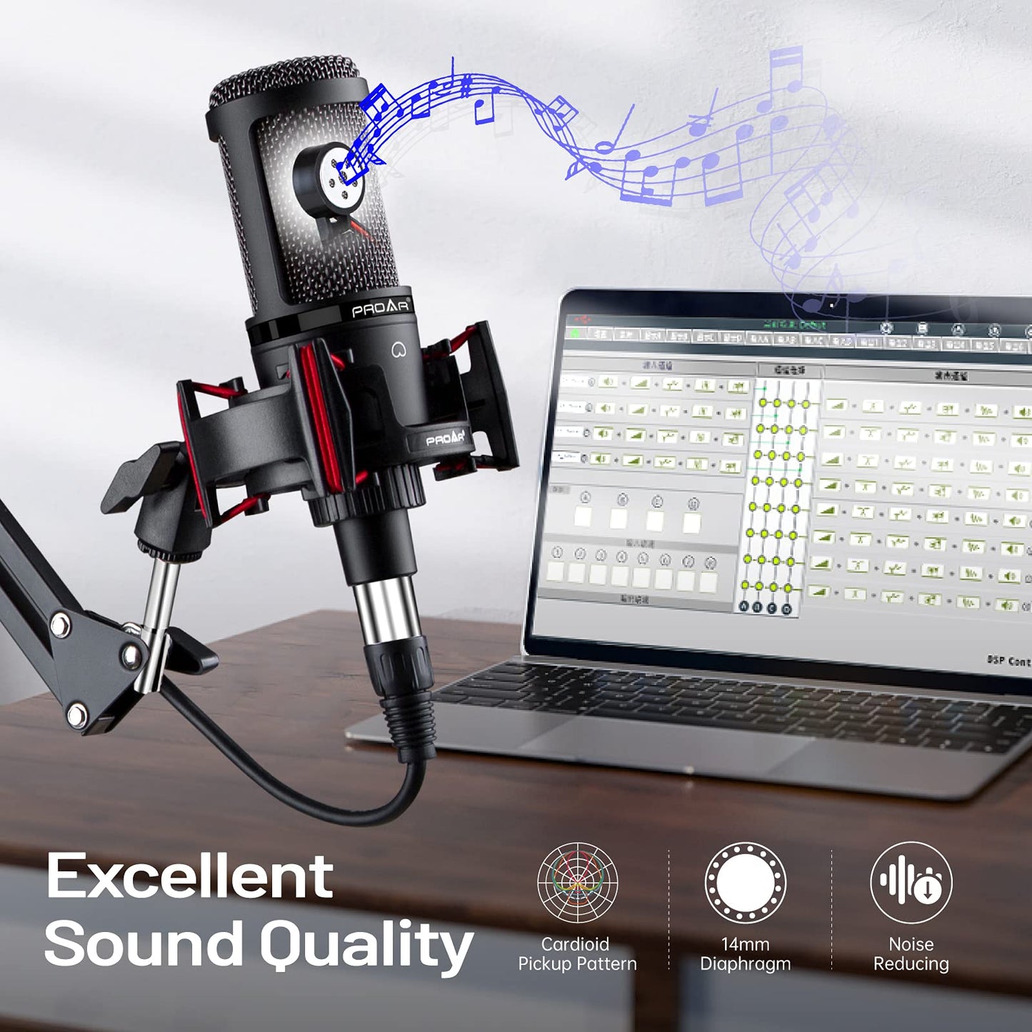 Condenser Microphone XLR,Professional Studio Recording Microphone for Computer PC,Cardioid Podcast Mic Kit with Boom Arm,Gaming Microphone for