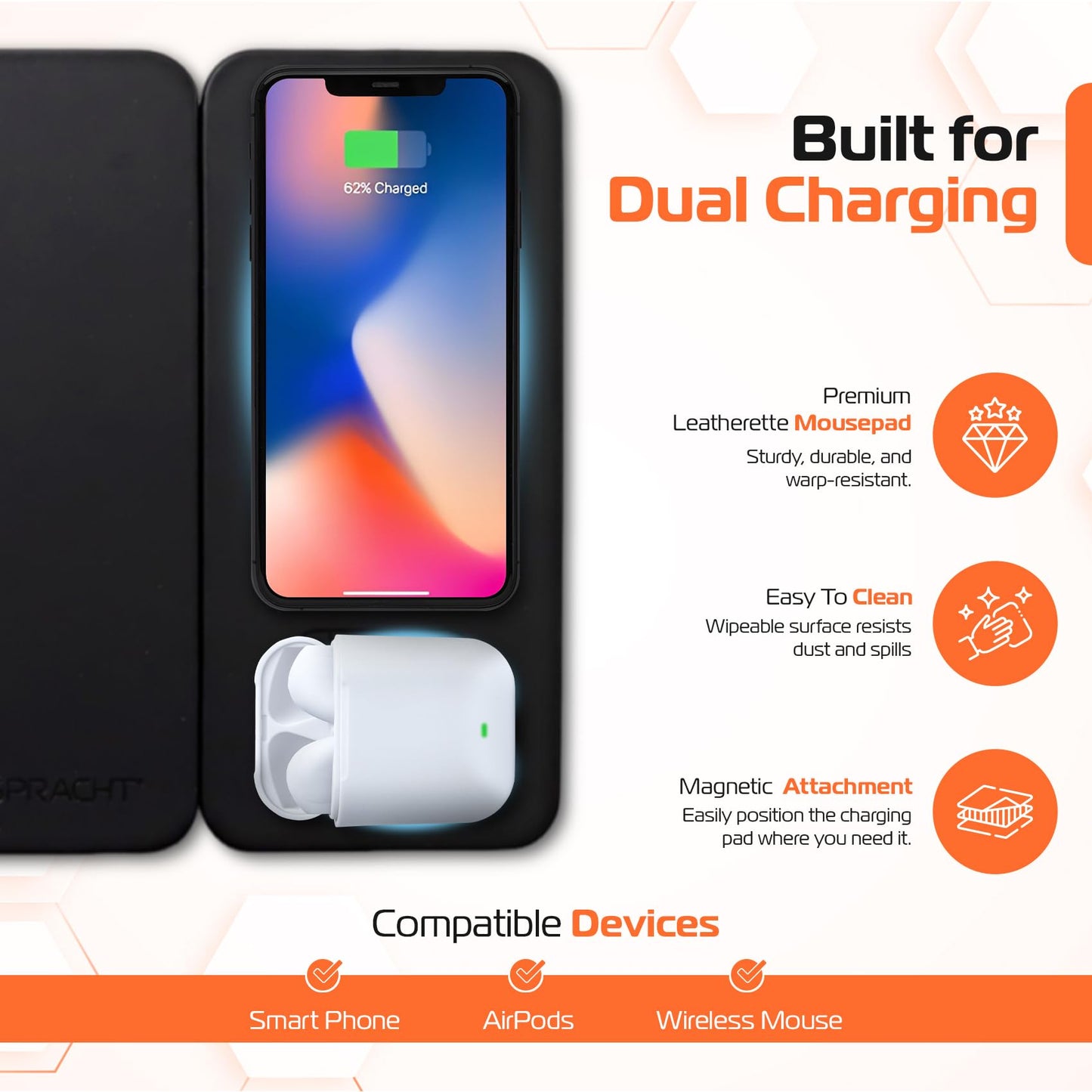 Spracht MagPad Magnetic Wireless Charging Mouse Pad, 15W Fast Charging, for Smartphones and Wireless Earbuds (Black)