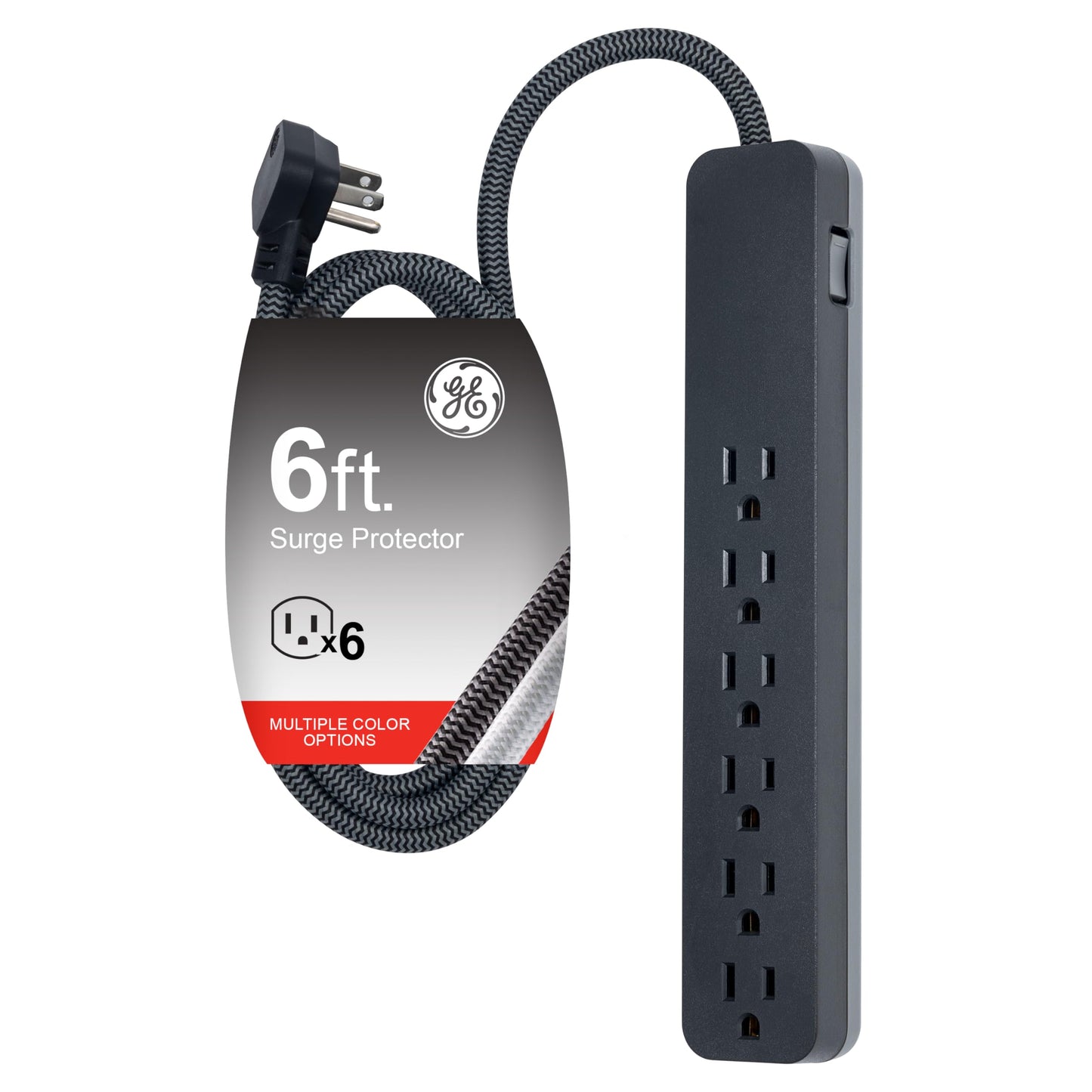 GE UltraPro 6 Outlet Surge Protector, 6 Ft Designer Braided Extension Cord, Flat Plug, Long Power Cord, Wall Mount, Black, 45271