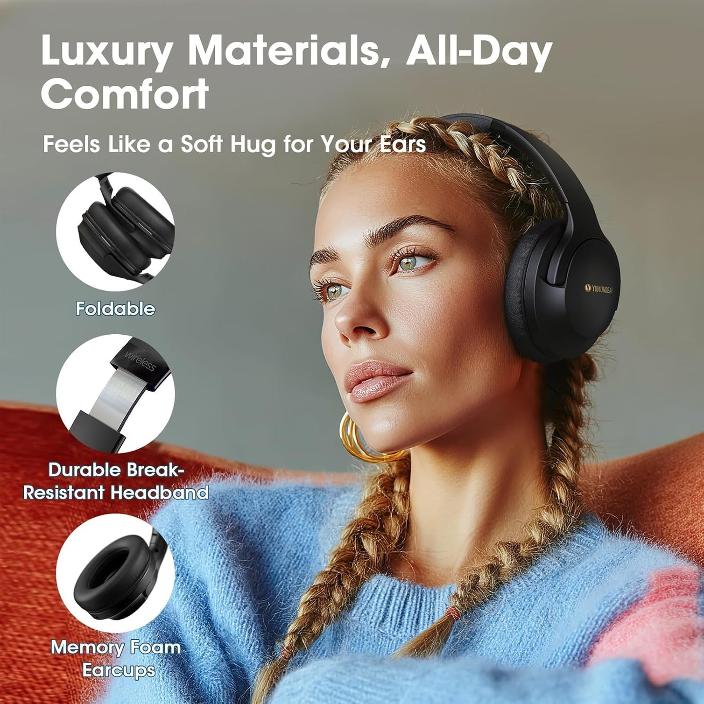 YUMONDEAR Bluetooth Headphones Over Ear, 80 Hrs Playtime Wireless Headphones with ENC Mic, Deep Bass EQ, Foldable Comfort for Travel, Gym…