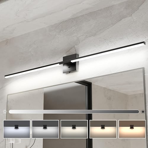 Ensenior Modern Bathroom Vanity Light 48 inch, Built-in Dimmer, 28W Dimmable 5CCT Led Bath Lights, Black Bar Vanity Lights for Bathroom Mirror