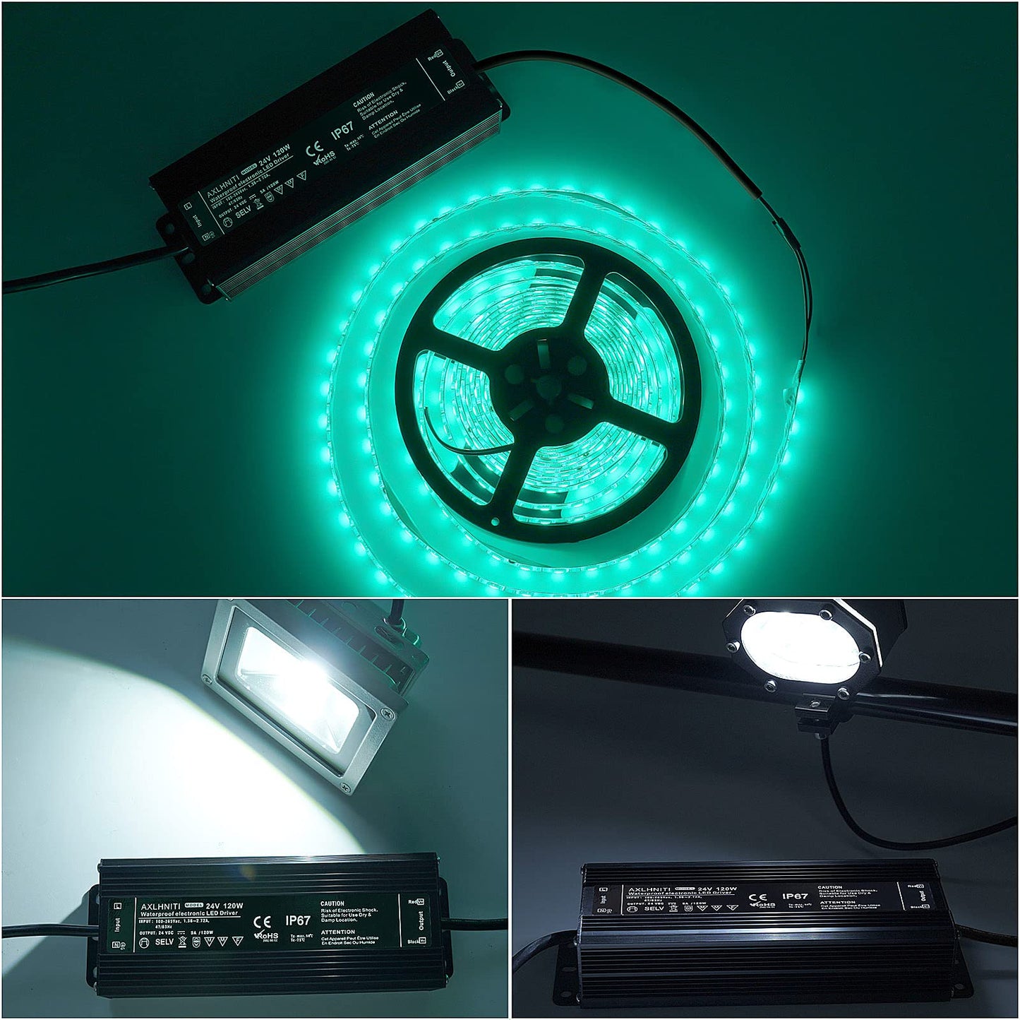 LED Power Supply - 120W IP67 Waterproof, 24V DC for LED Strip Lights, 100V-265V AC Input, 3-Prong Plug with 3.3 Feet Cable