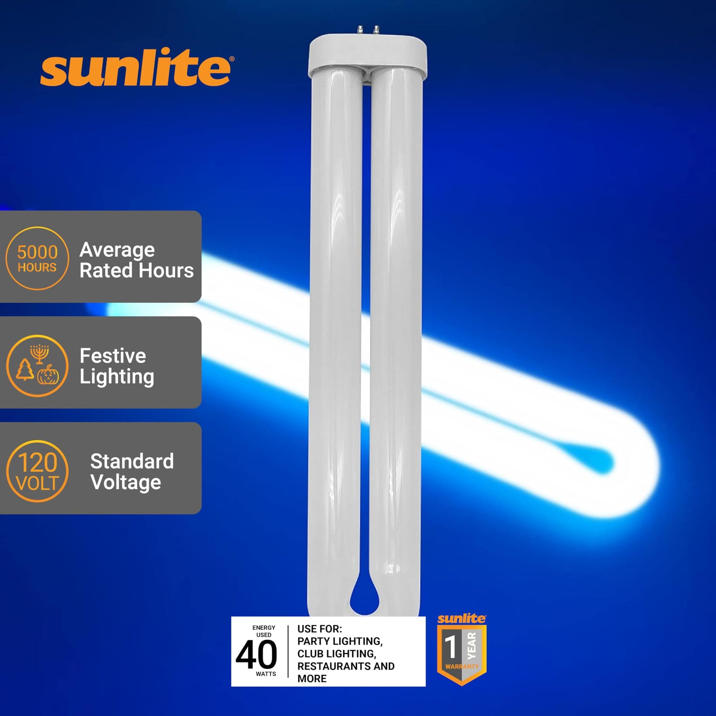 SUNLITE 40487-SU FUL40T8 Fluorescent Black Light Bulbs, 40 Watts, GX10q 4-Pin Base, UV Light, 365nm Color Wavelength, 5,000 Hour Life Span, Perfect