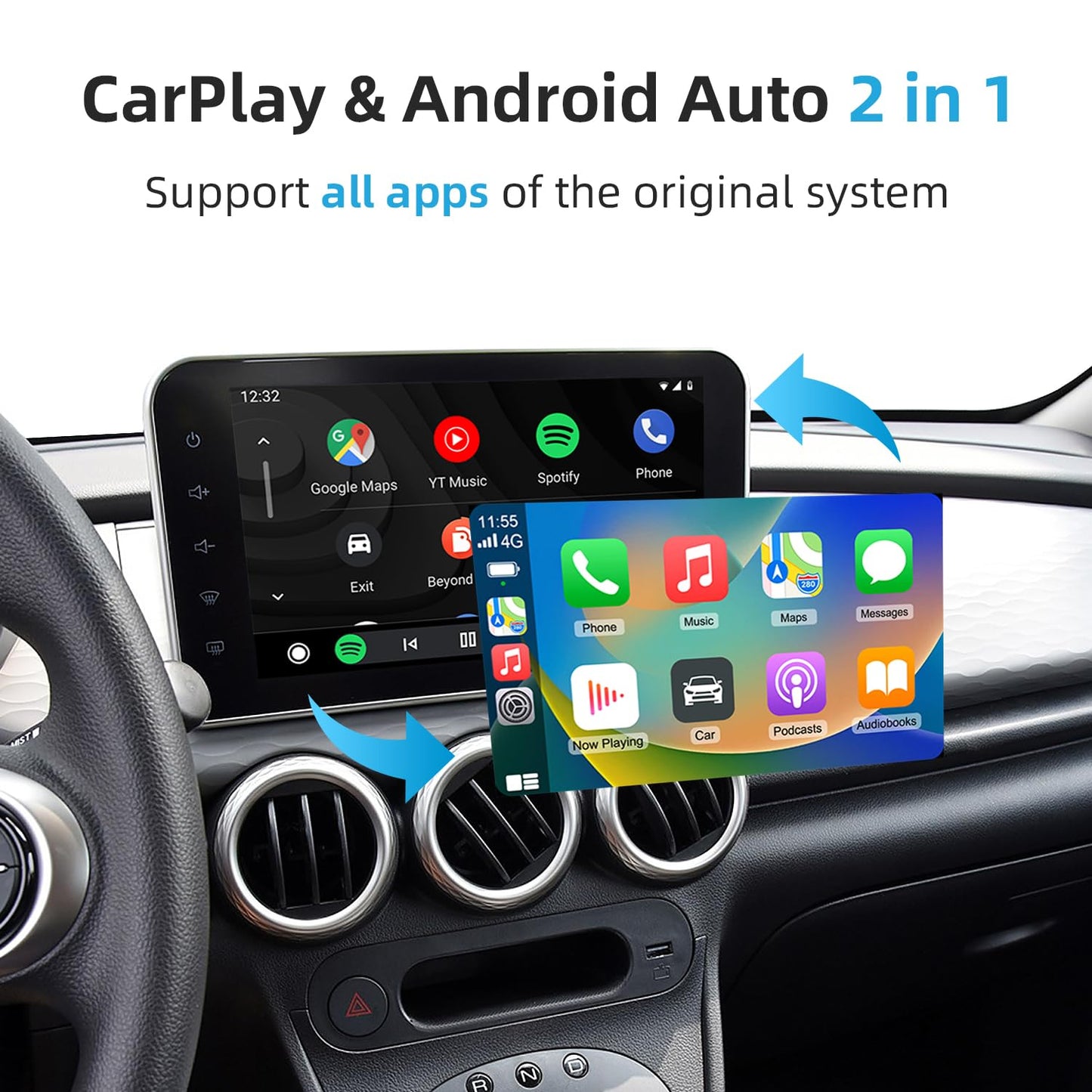 C5 2-in-1 Wireless CarPlay & Android Auto Adapter - Converts Factory Wired Connection to Wireless for Cars 2016+, Mini Plug & Play Car Play Dongle
