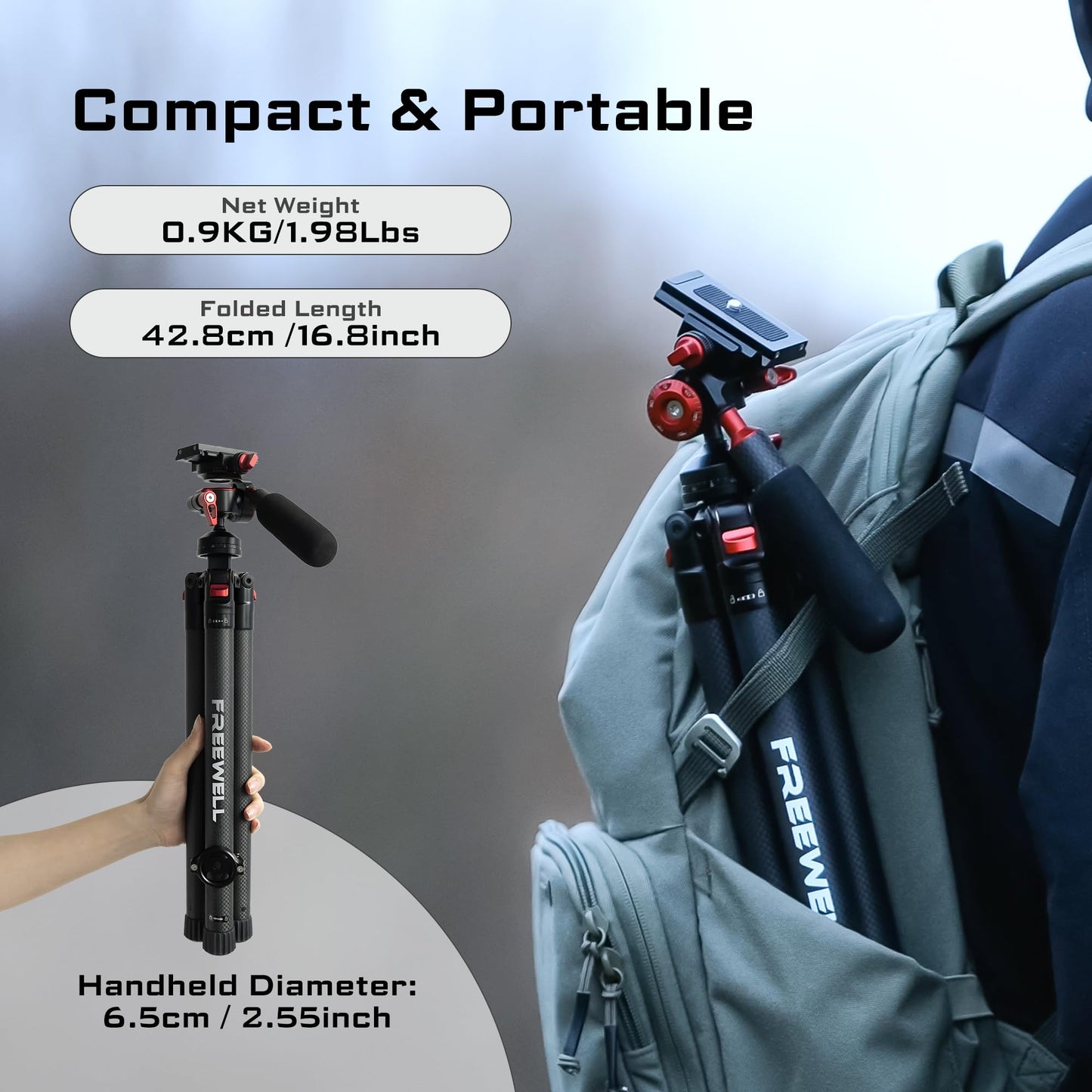 Freewell Carbon Fiber Travel Tripod 59.1" Lightweight 1.98lbs Photo/Video 360°Ball Head (Max Load 5kg/11 lbs), Monopod, Quick-Release Plate, for DSLR
