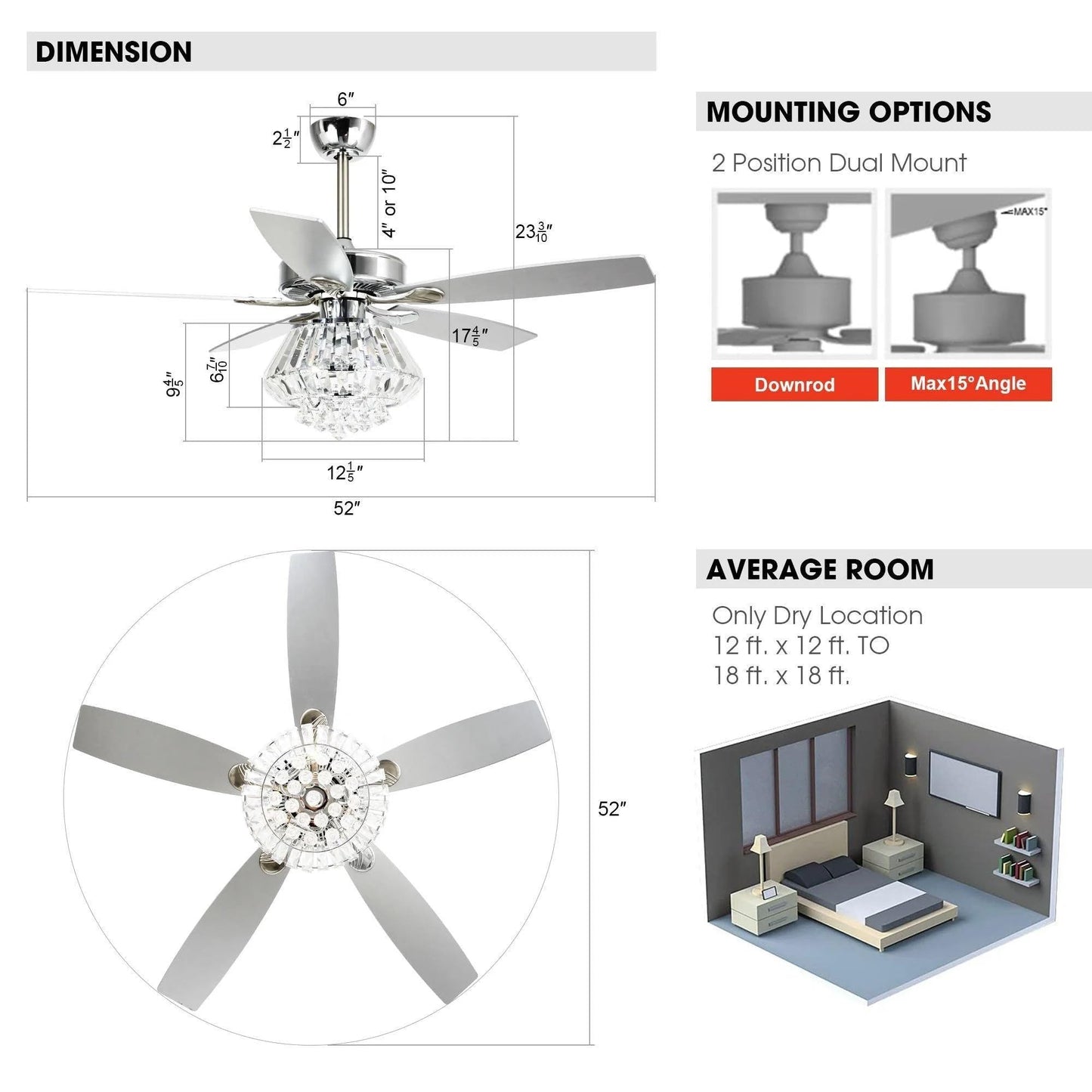 Vaczon 52'' Farmhouse Ceiling Fan with Light & Remote - Silver Caged Fandelier Style, Crystal Chandelier with 6 Speeds,Reversible Motor