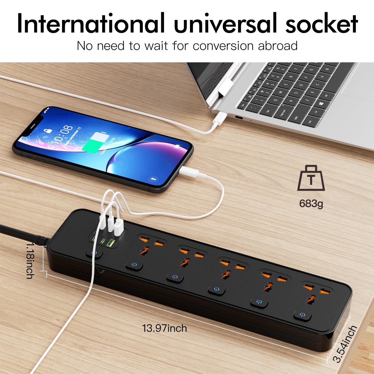 Universal Power Strip with USB Ports, Individual Swtich, 6ft Power Cord, 5 Universal AC Outlets, 4USB C and 2USB (5V/4.2A), Max 3000w, 110-240V, Child