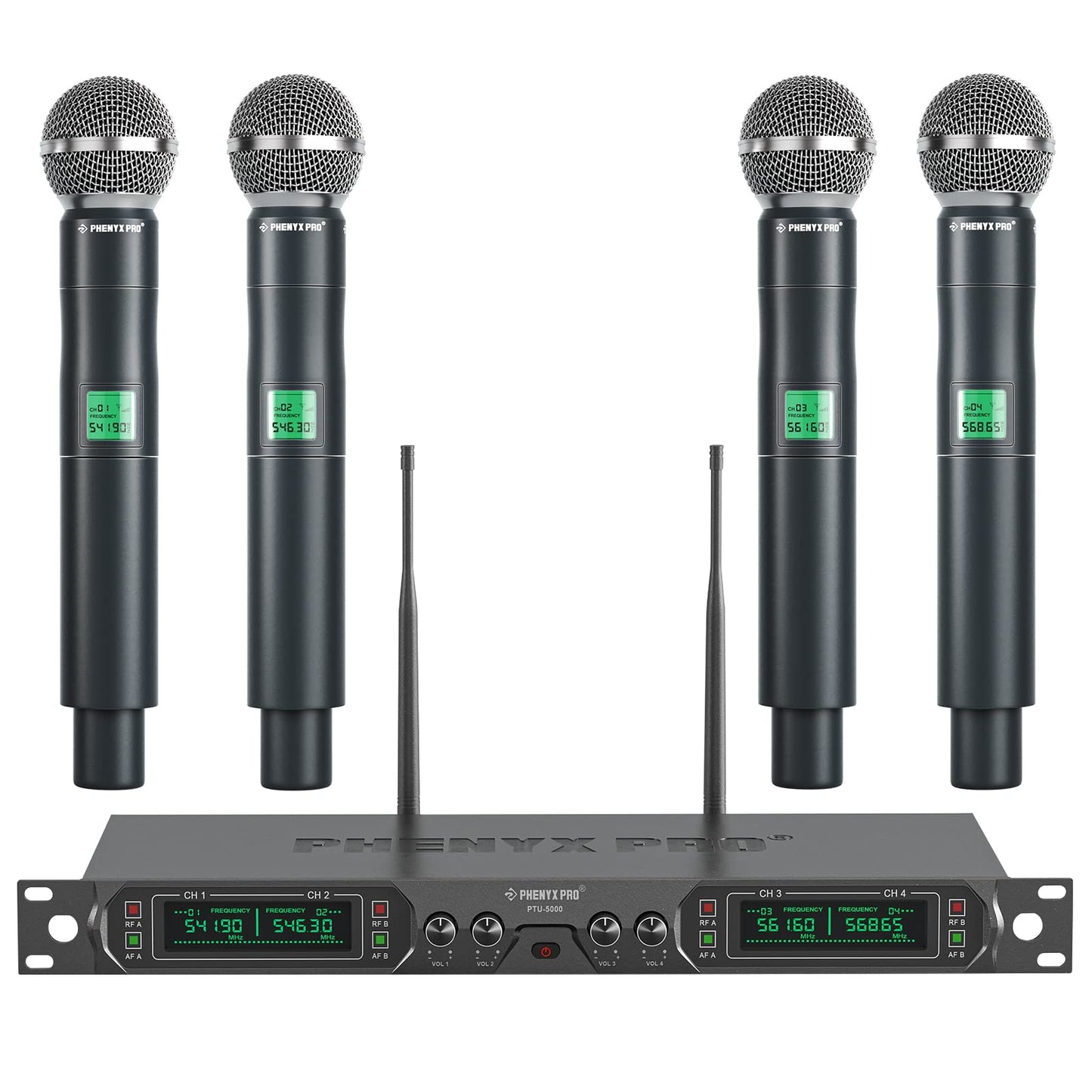 Phenyx Pro Wireless Microphone System, 4-Channel UHF Wireless Mic, Fixed Frequency Metal Cordless Mic with 4 Handheld Dynamic Microphones, 260ft