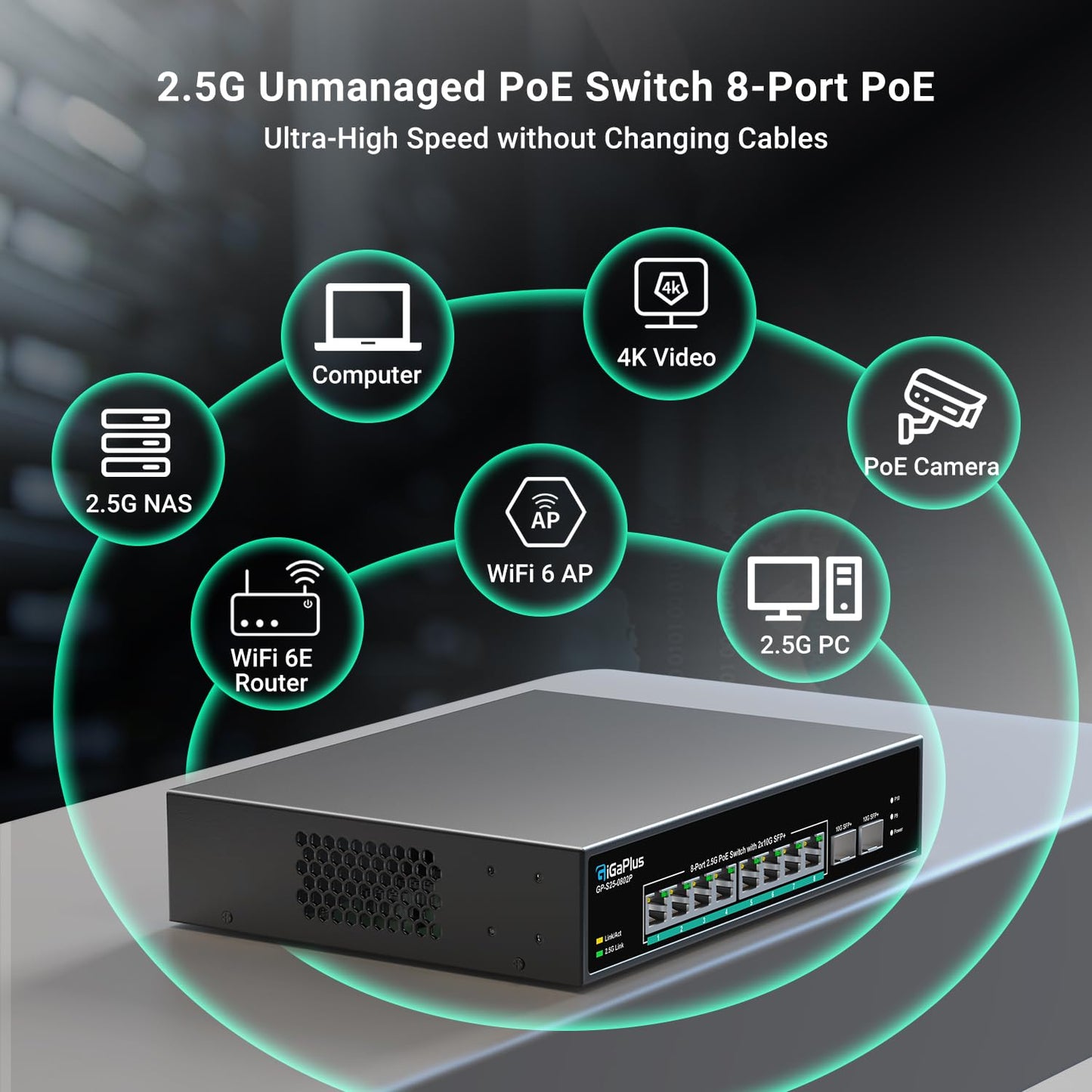 10 Port 2.5Gb Unmanaged PoE Switch with 8*2.5G Base-T PoE Ports, 2*10G SFP+ Uplink, 802.3af/at (PoE+), 80Gbps Switching Capacity, GigaPlus 2.5G PoE