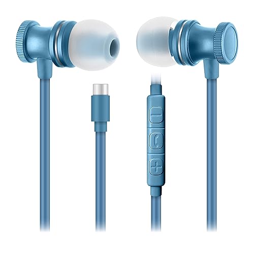 SENTRY OSE450 Blue Headphones in-Ear Earbuds with Wired USB-C Connection, Inline Volume Controller & Microphone, Noise Isolation