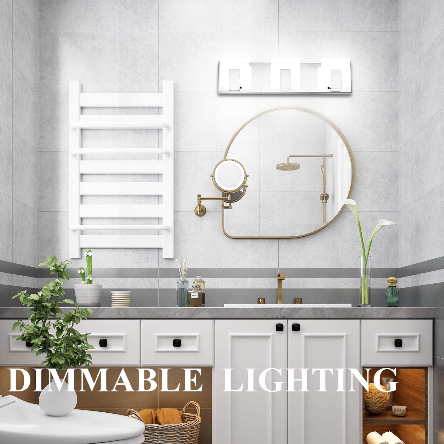 Aipsun 3 Lights Dimmable Modern LED Vanity Light for Bathroom Frosted White Acrylic Chrome Up and Down Bathroom Wall Light Fixtures Over Mirror(White
