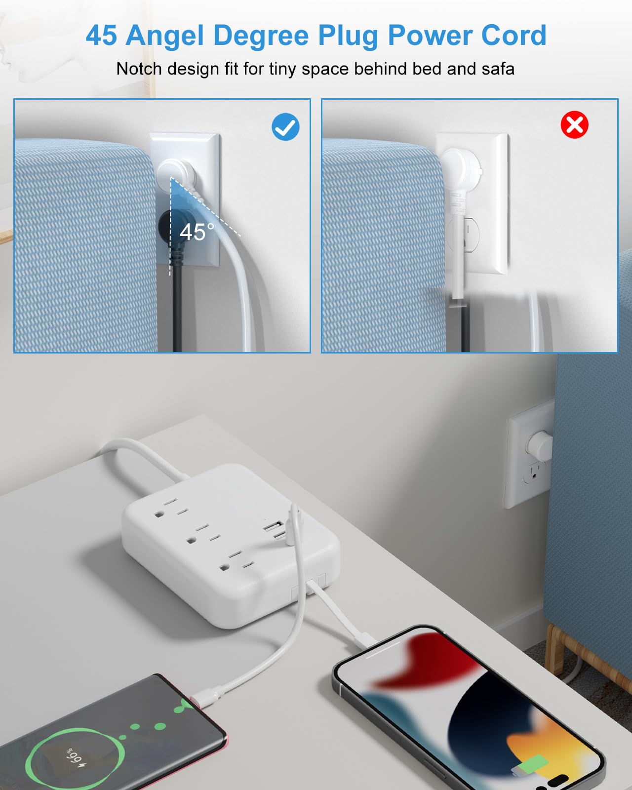Travel Power Strip with USB Ports, 3 Built-in Cables, Flat Plug Extension Cord, 3 Outlets 6 USB with 5 FT Flat Extension Cord, Compact for Hotel