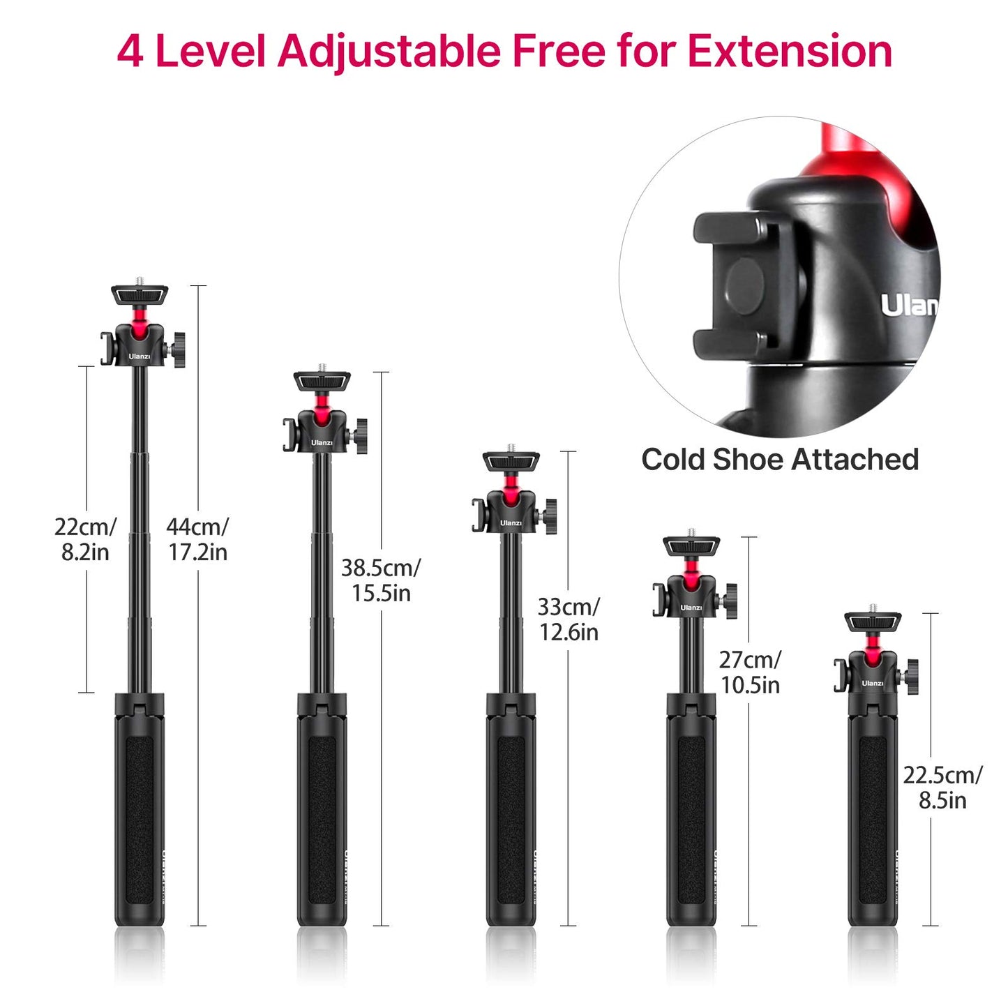 ULANZI MT-16 Extendable Mini Camera Tripod, 4 Levels Adjustment 360° Ball Head Cold Shoe Lightweight Portable Vlog Travel Selfie Stick Handle Grip