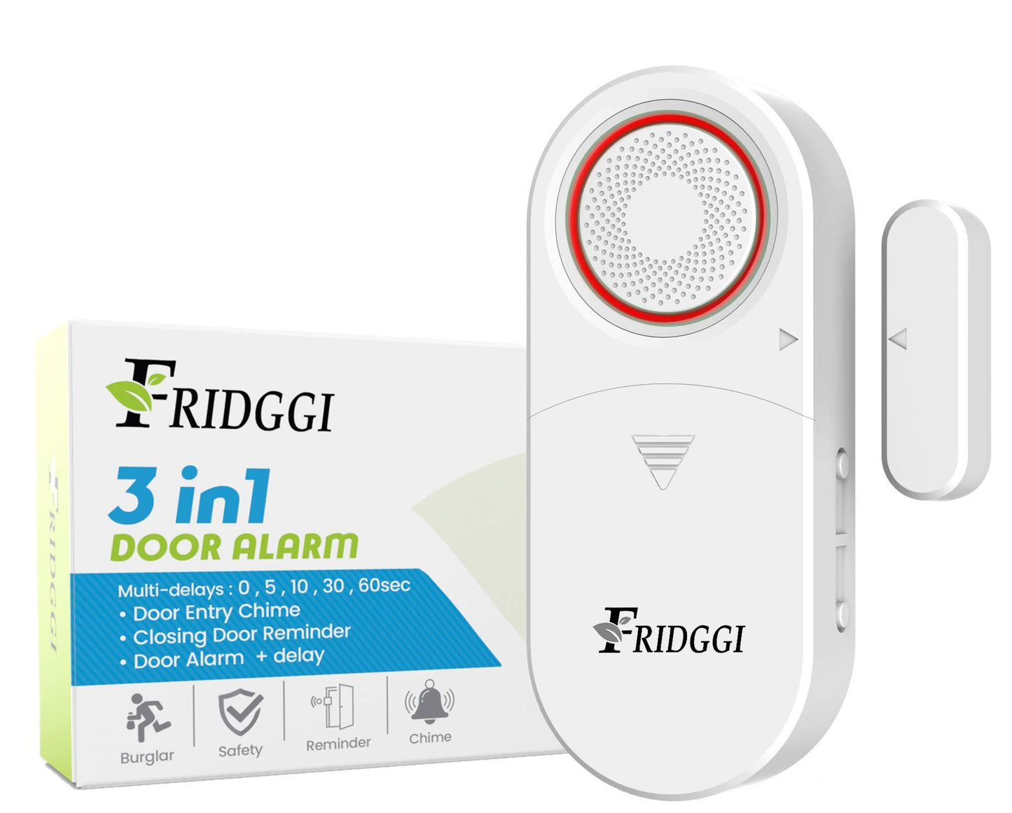 3-in-1 Alarm - Door Left Open Alarm, Doors Chime with Delay, 0/5/10/30/60 Seconds, 2/5 Minutes, Gate Ajar Alert, 80 to 120 dB, Close Door Reminder