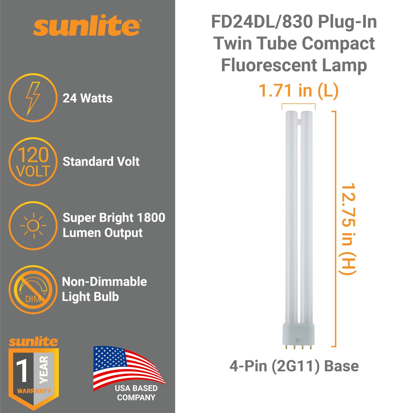 Sunlite FT24DL/830 Plug-in Twin Tube Compact Fluorescent Lamp, FT 4-Pin, 24 Watts, 1800 Lumens, 3000K Warm White, 4-Pin (2G11) Base, 120 Volts, 1 Pack